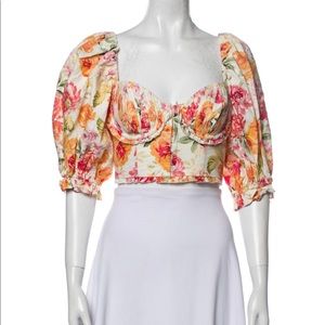 For Love & Lemon Peony Cropped Puff Sleeves Top Medium Orange RARE